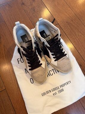 Authentic Golden Goose Beige and Metallic Gold High-Top Sneakers with Black Star